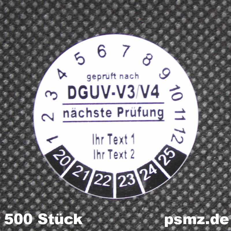 500 Prüfplaketten DGUV-V3/V4 30mm Vinyl weiß und Wunschtext auf Rolle
