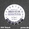 500 Prüfplaketten DGUV-V3/V4 30mm Vinyl weiß und Wunschtext auf Rolle
