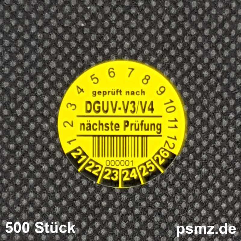 500 Prüfplaketten DGUV-V3/V4 20mm Vinyl gelb und Wunschtext auf Rolle
