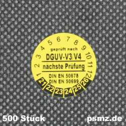 500 Prüfplaketten DGUV-V3/V4 20mm Vinyl gelb und Wunschtext auf Rolle