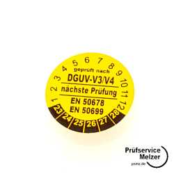 500 Prüfplaketten DGUV-V3/V4 20mm Vinyl gelb und Wunschtext auf Rolle