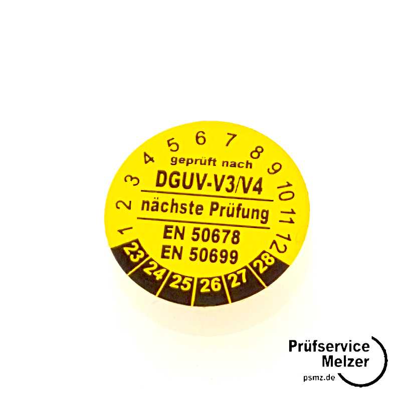 500 Prüfplaketten DGUV-V3/V4 20mm Vinyl gelb und Wunschtext auf Rolle